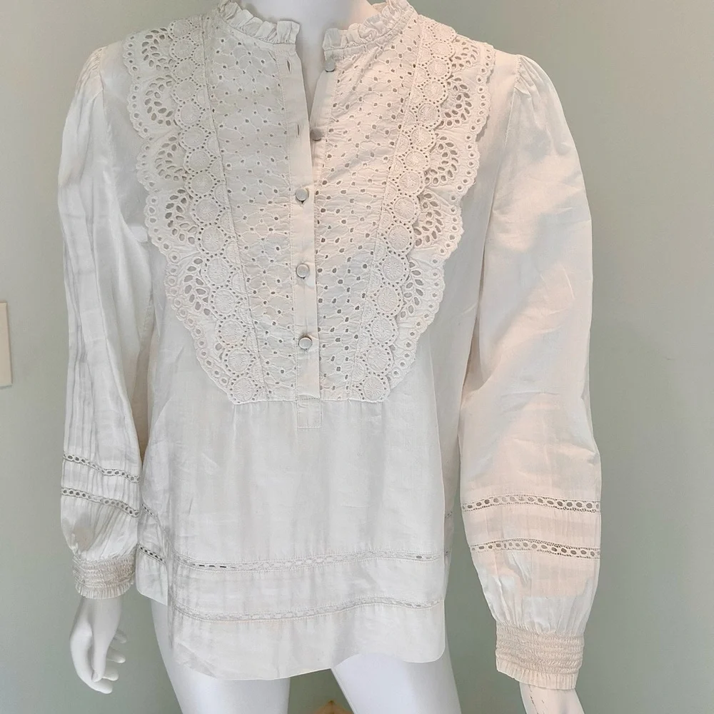 J. Crew White Eyelet Lace Bib Blouse - Picture 1 of 1